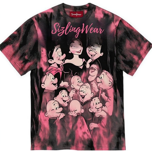 SizzlingWear Vintage Cartoon Graphic T-Shirt - Black & Pink Tie-Dye Design